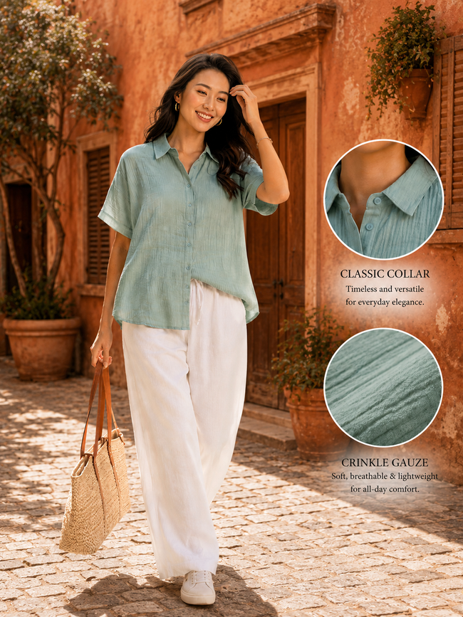 Women Green Double Gauze Shirt With Waist Tie