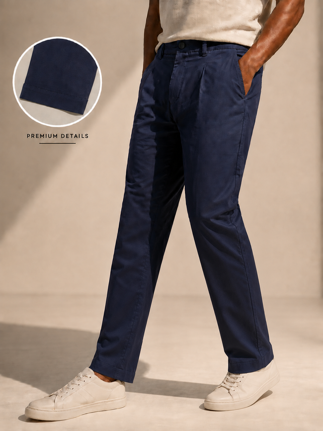 Men Navy Pleated Tailored Trousers