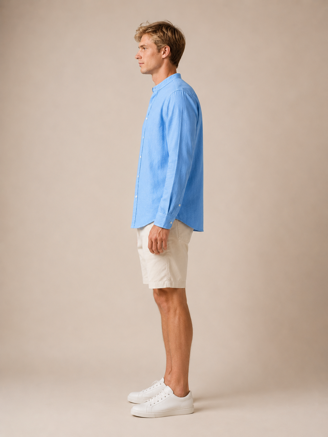 Men Blue Linen Band Collar Shirt