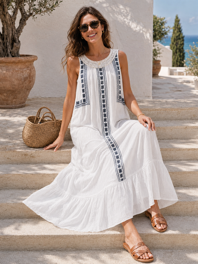 Women White Embroidered Bohemian Maxi Dress