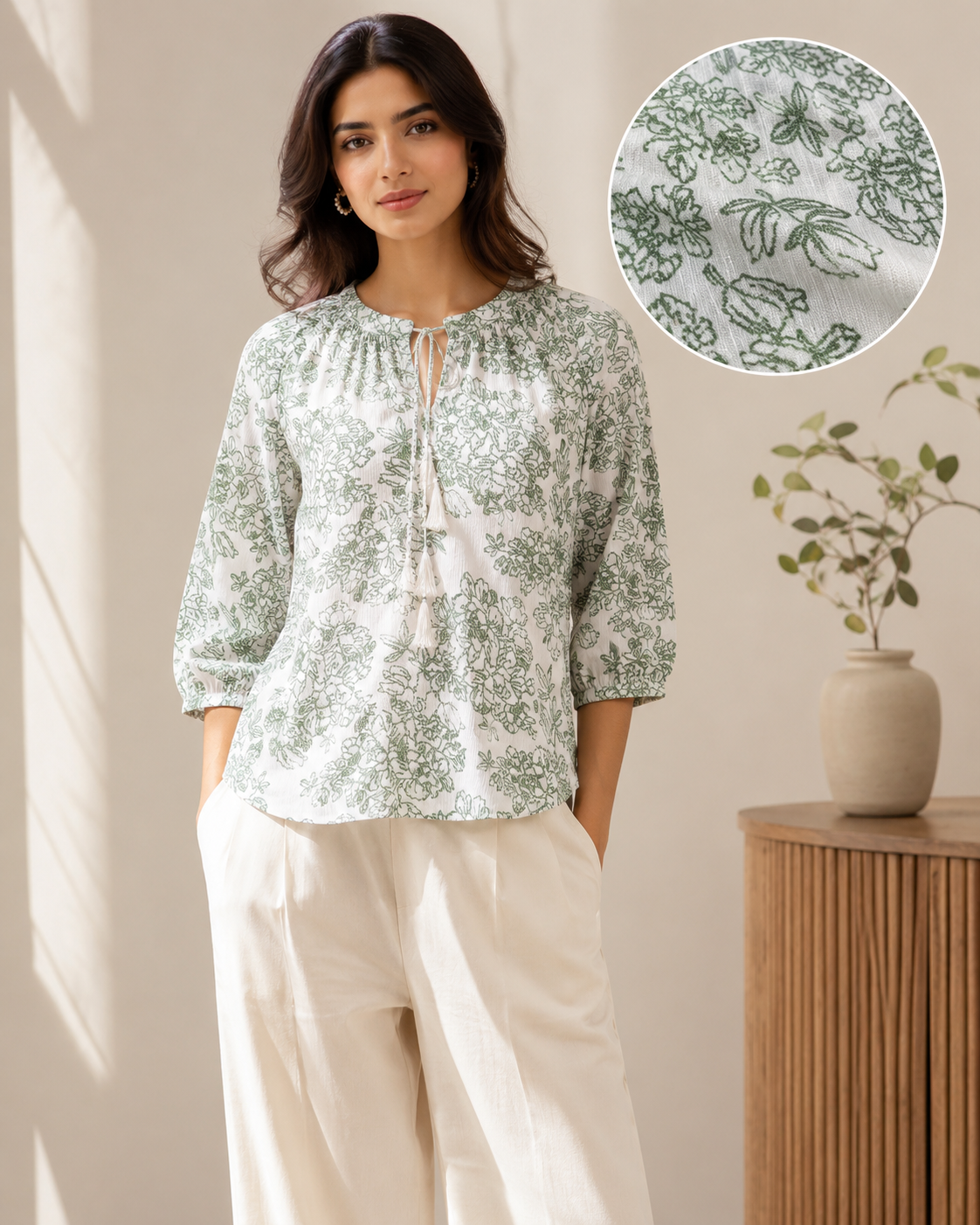 Women Floral Tie-Neck Top In Sage
