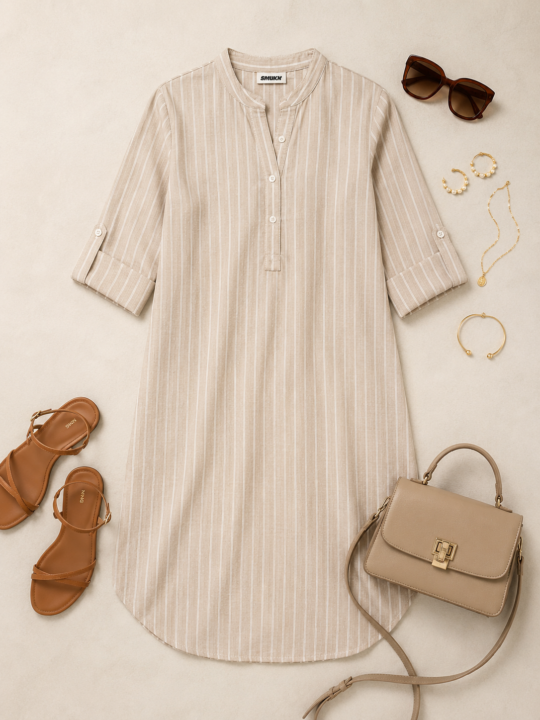 Women Minimal Stripe Shirt Dress In Beige