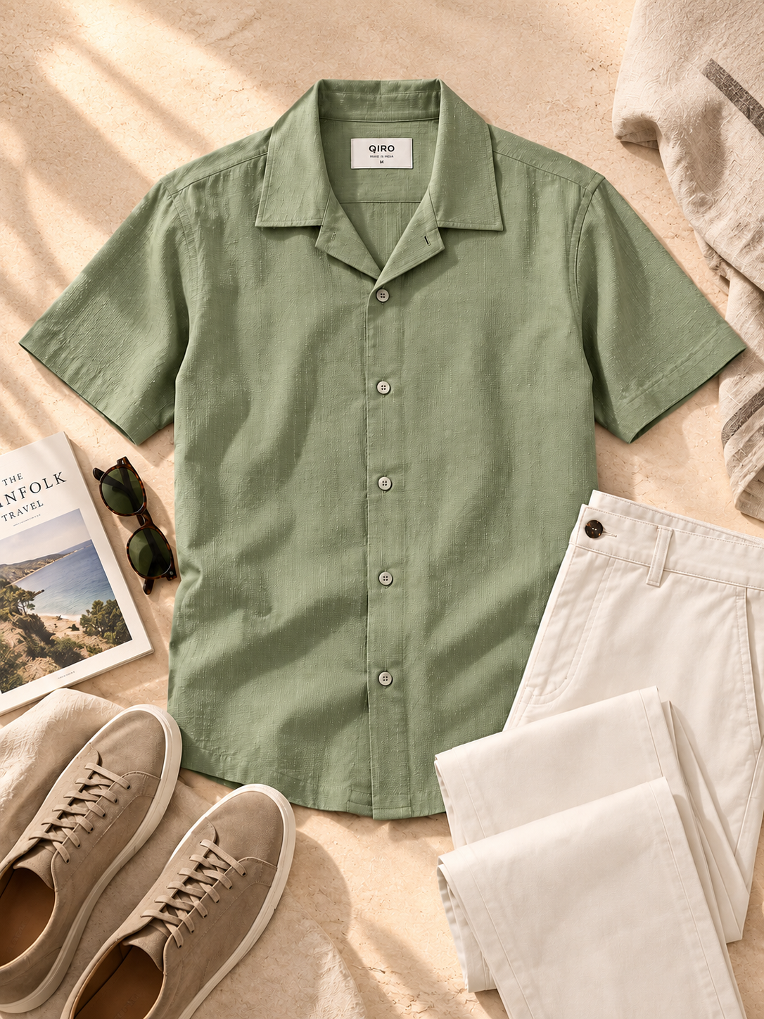Men Sage Green Cuban Collar Shirt