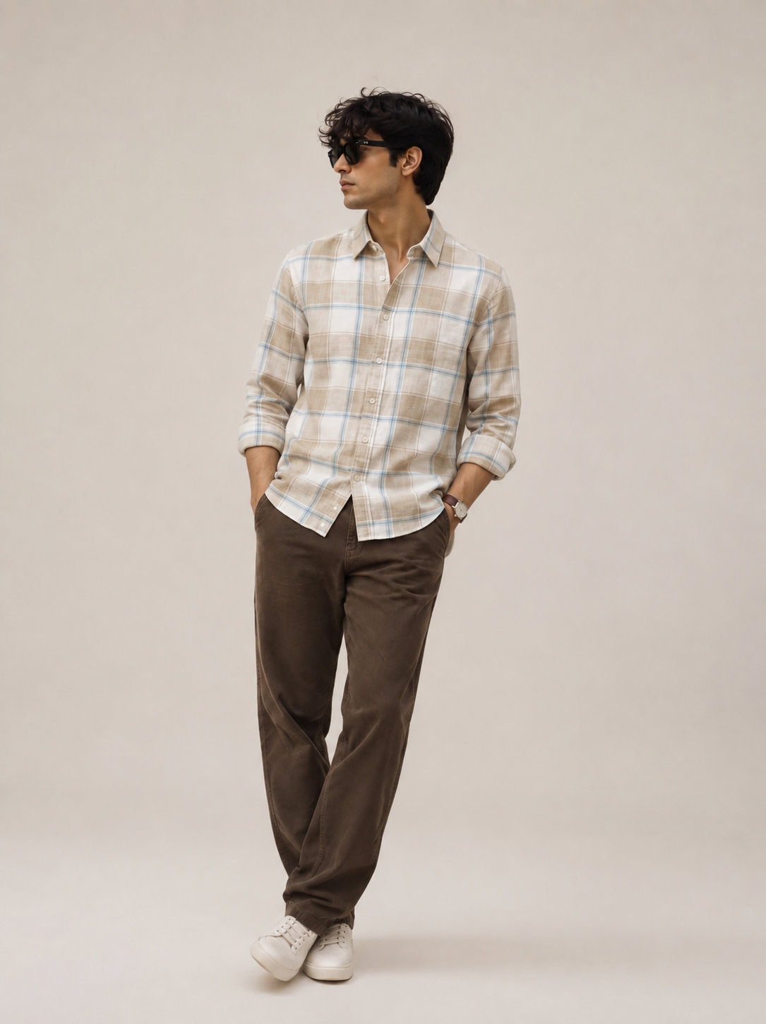 Men Beige Plaid Checked Long Sleeve Shirt