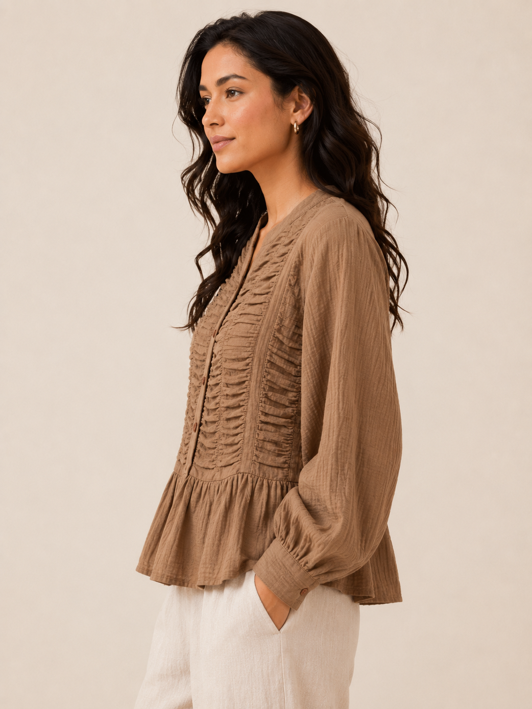 Women Brown Ruffle Front Peplum Top