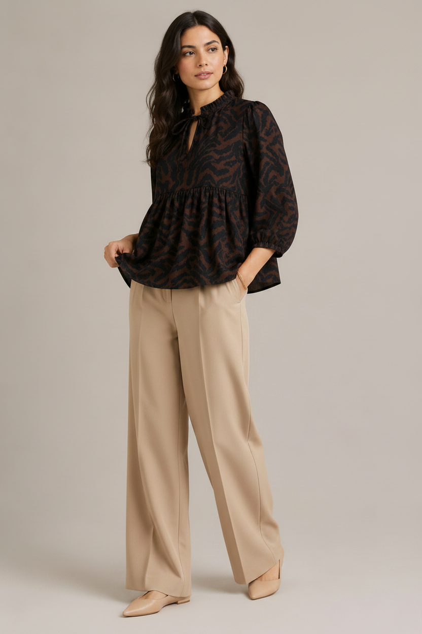 Women Tiger Print Tie-Neck Peplum Top