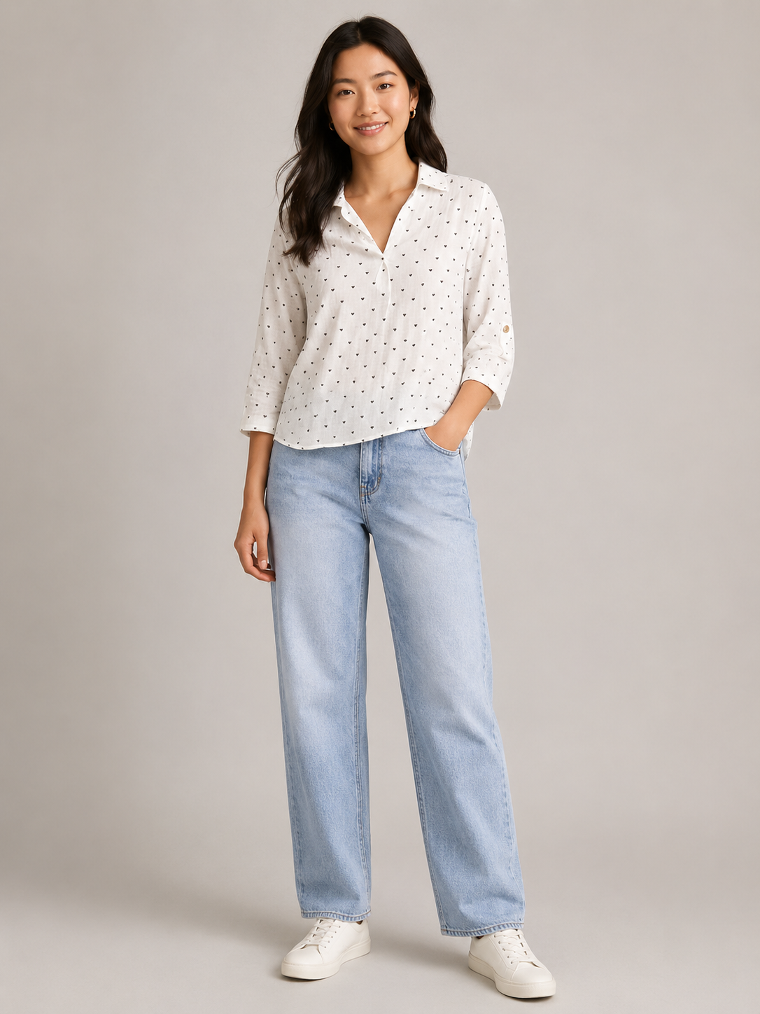 Women White Heart Printed Double Gauze Top
