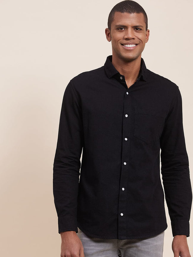 Men Black Tencel Elbow Patch Shirt