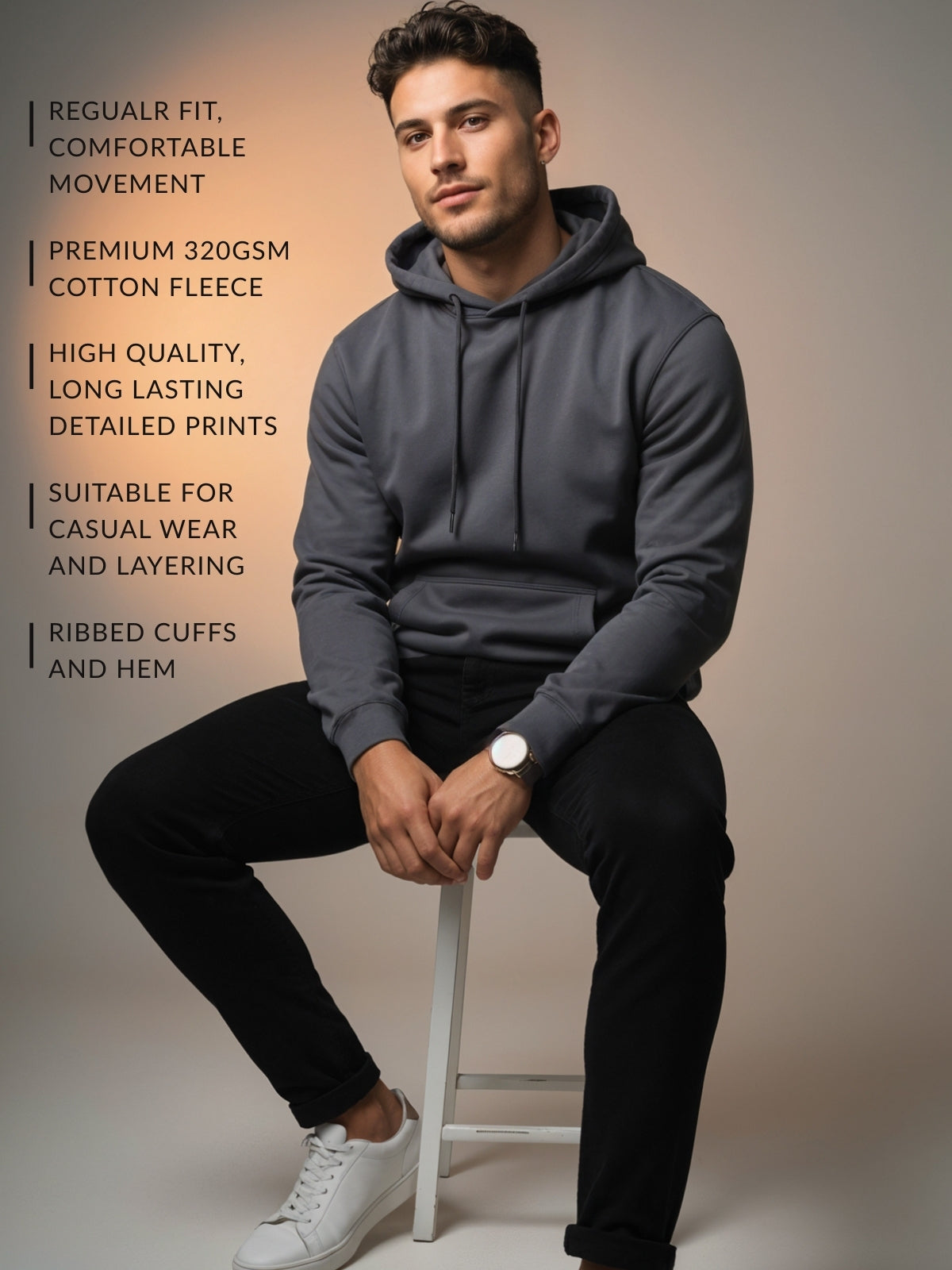 Men Grey Cotton Fleece Printed Hoodie