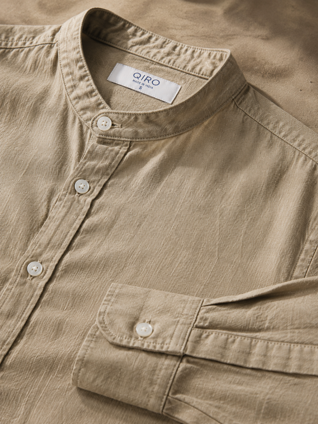 Men Khaki Linen Band Collar Shirt