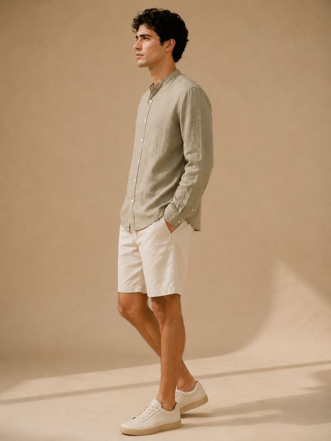 Men Khaki Linen Band Collar Shirt
