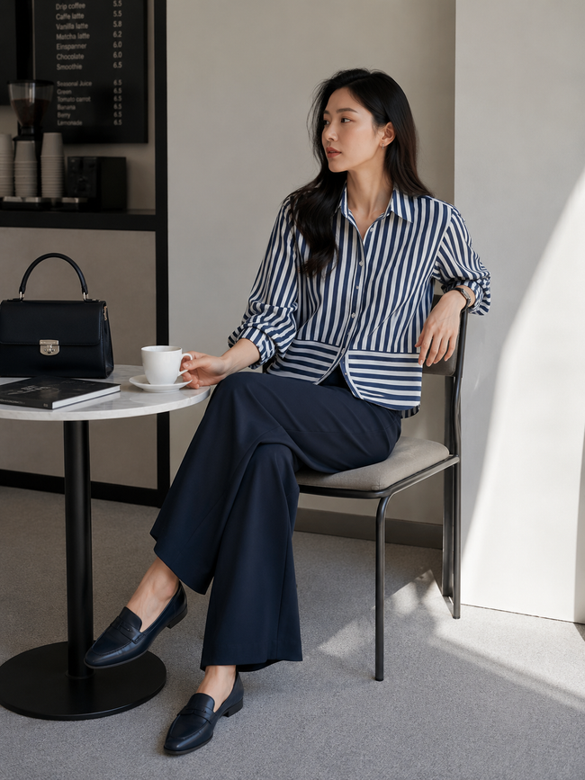 Women Navy Stripe Panel Detail Shirt