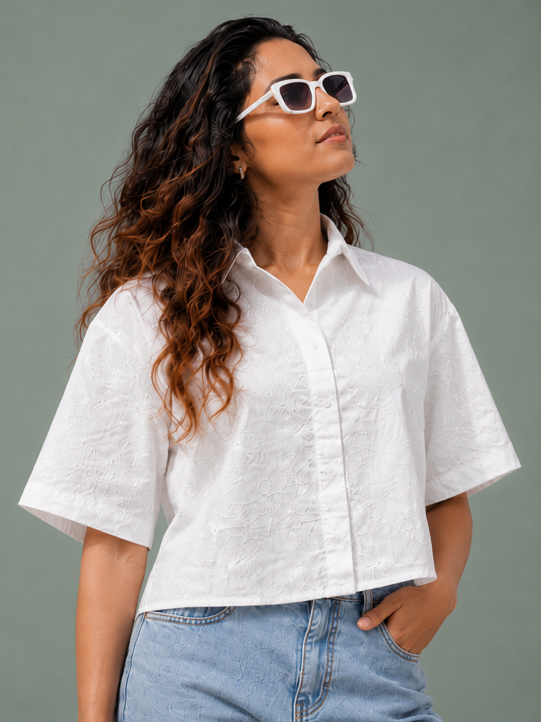 Women White Floral Embroidered Shirt