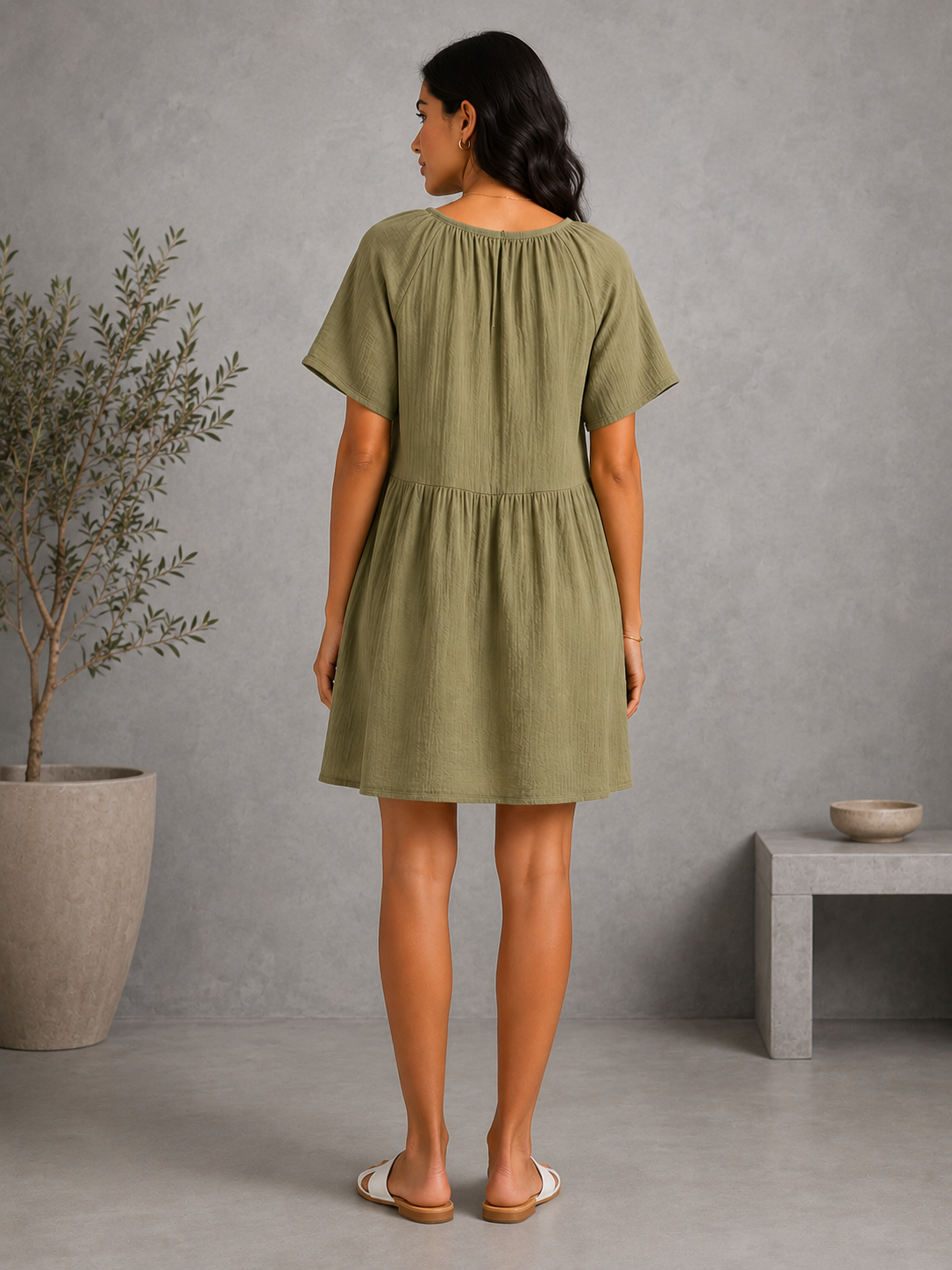 Women Olive Tie-Neck Relaxed Dress