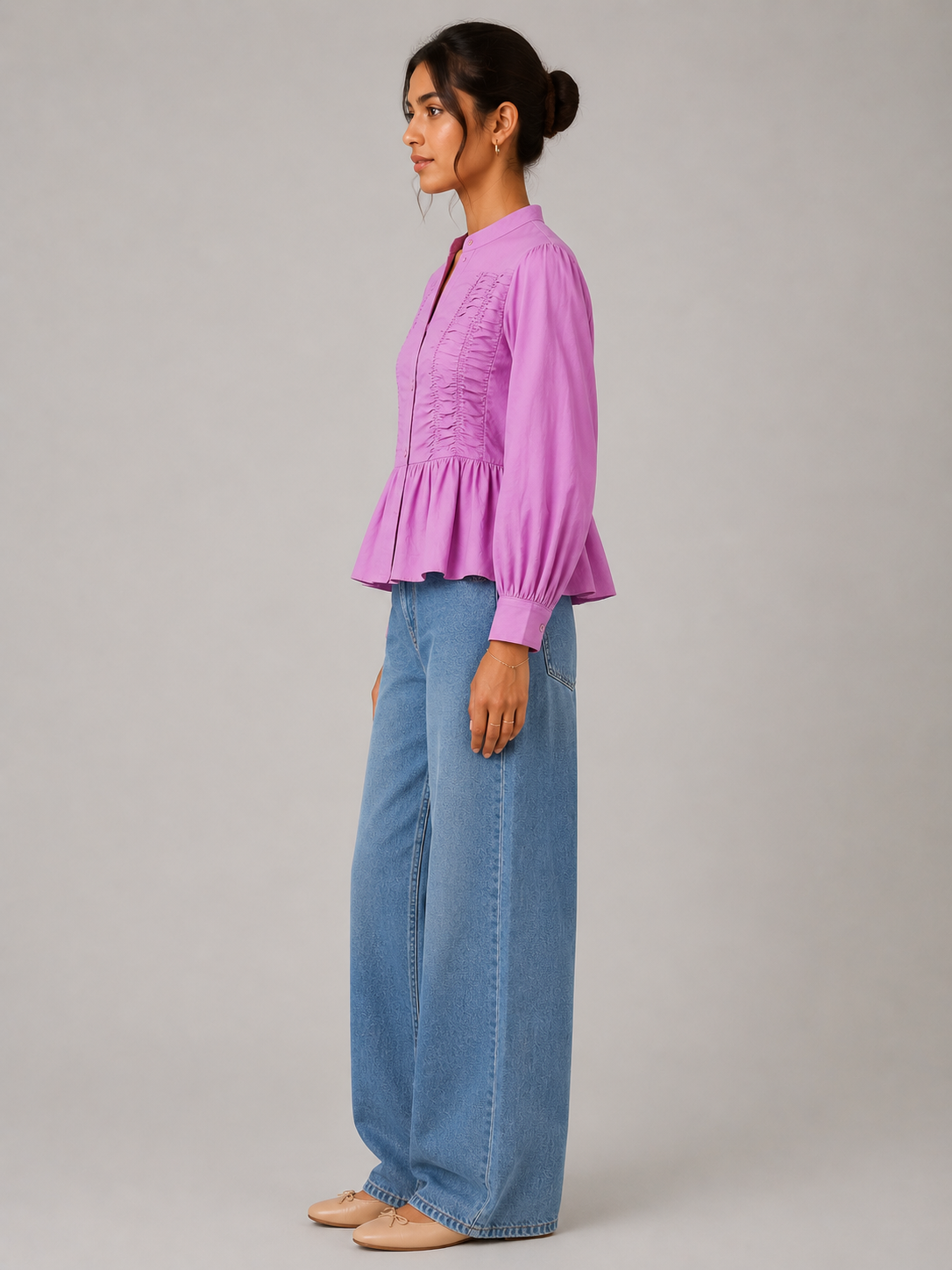 Women Pink Ruffle Front Peplum Top