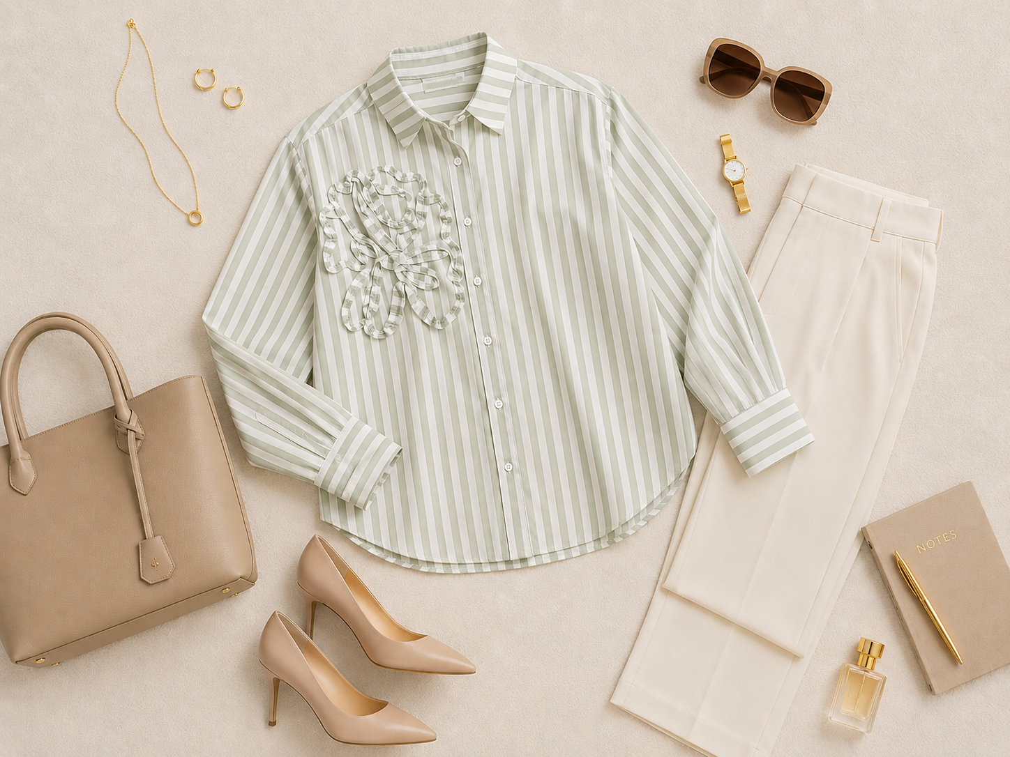 Women Sage Stripe Shirt With Ruffle Detail