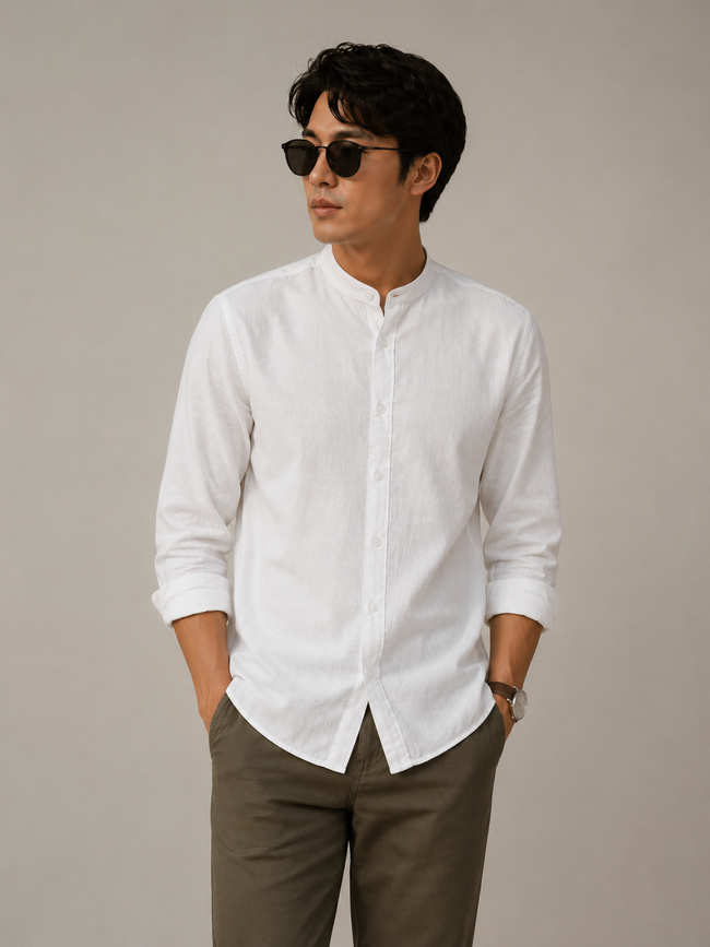 Men White Linen Band Collar Shirt