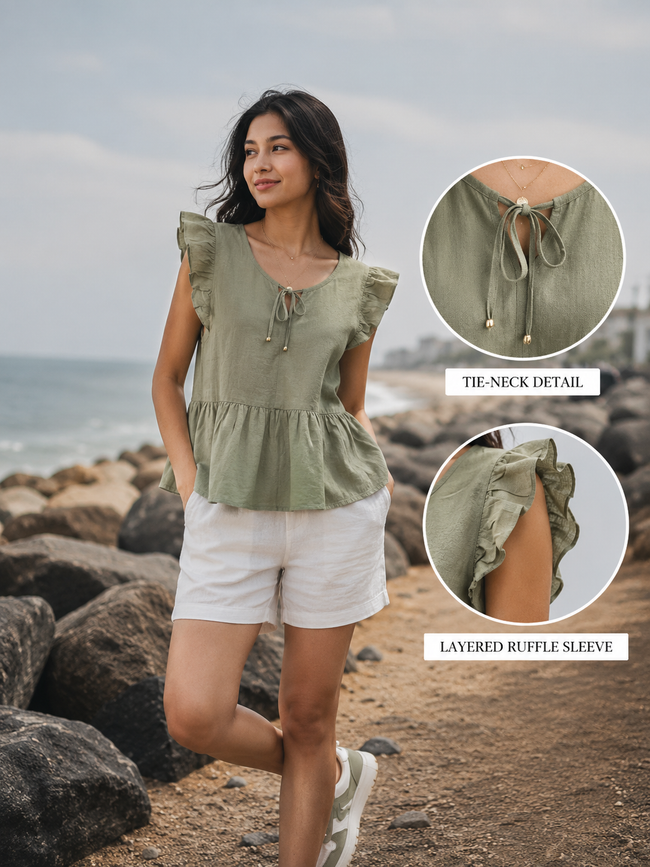Women Olive Tie-Neck Peplum Top