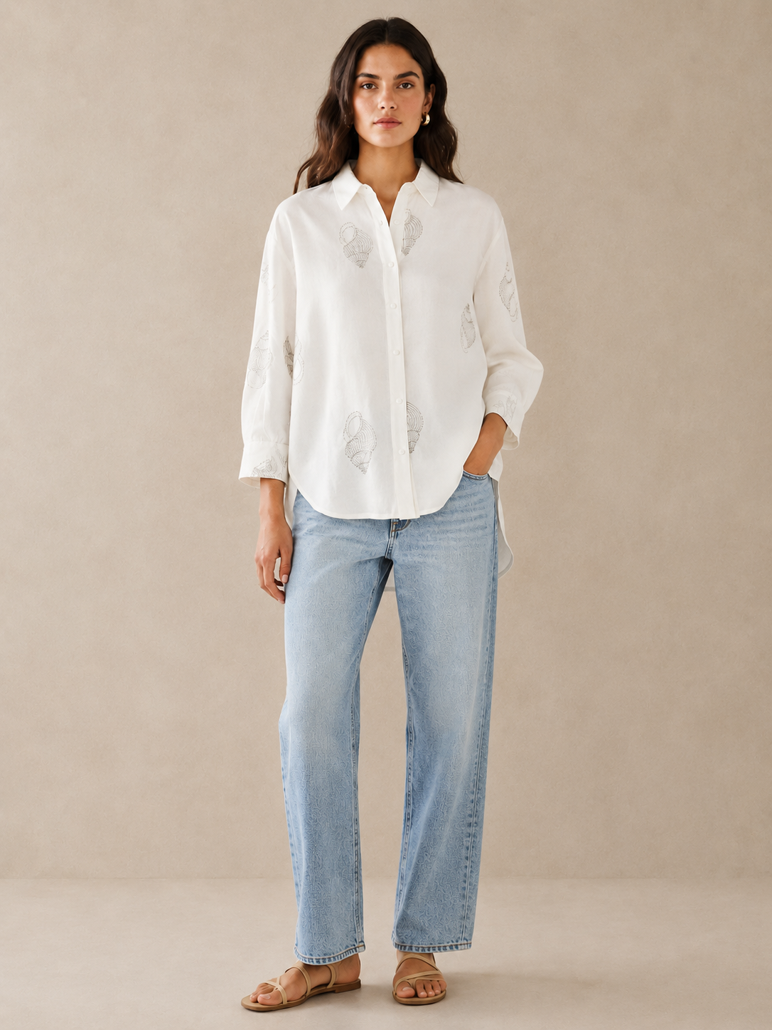 Women Silver Shell Embroidered Shirt