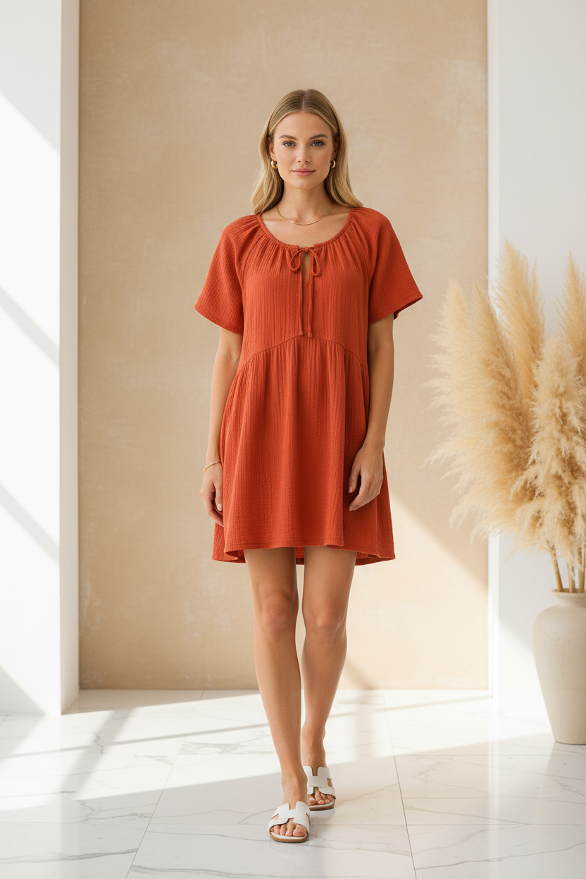Women Orange Tie-Neck Relaxed Dress