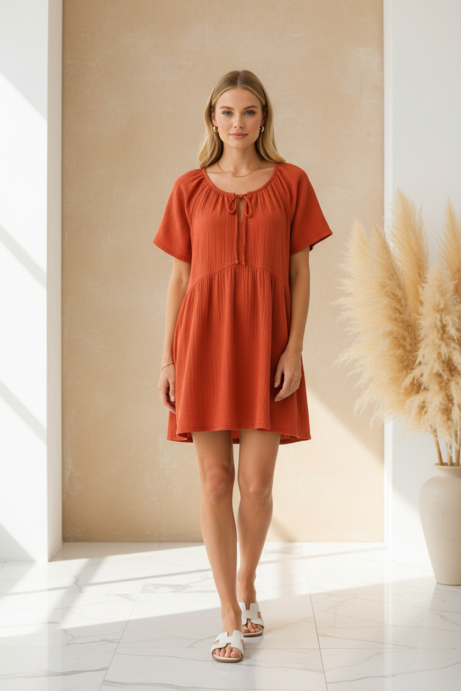 Women Orange Tie-Neck Relaxed Dress
