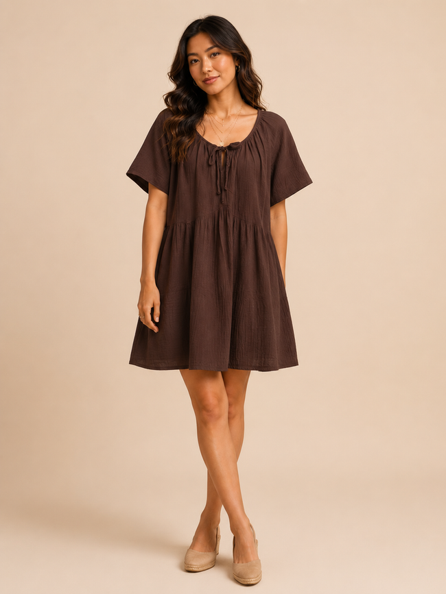 Women Brown Tie-Neck Relaxed Dress
