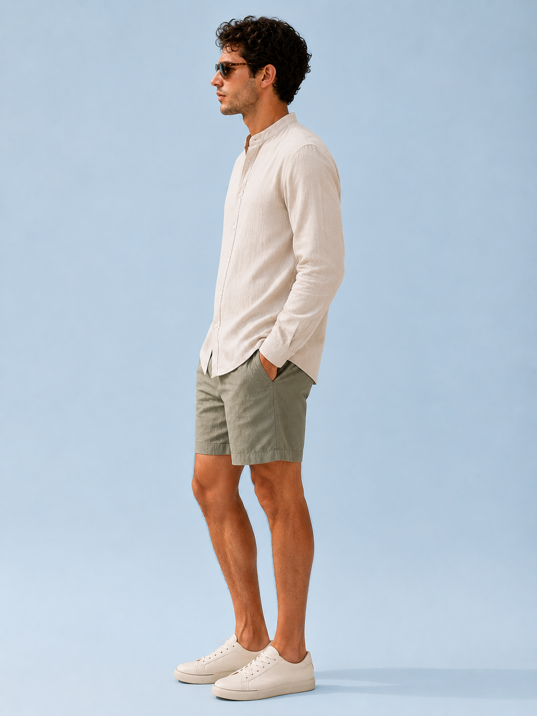 Men Beige Linen Band Collar Shirt
