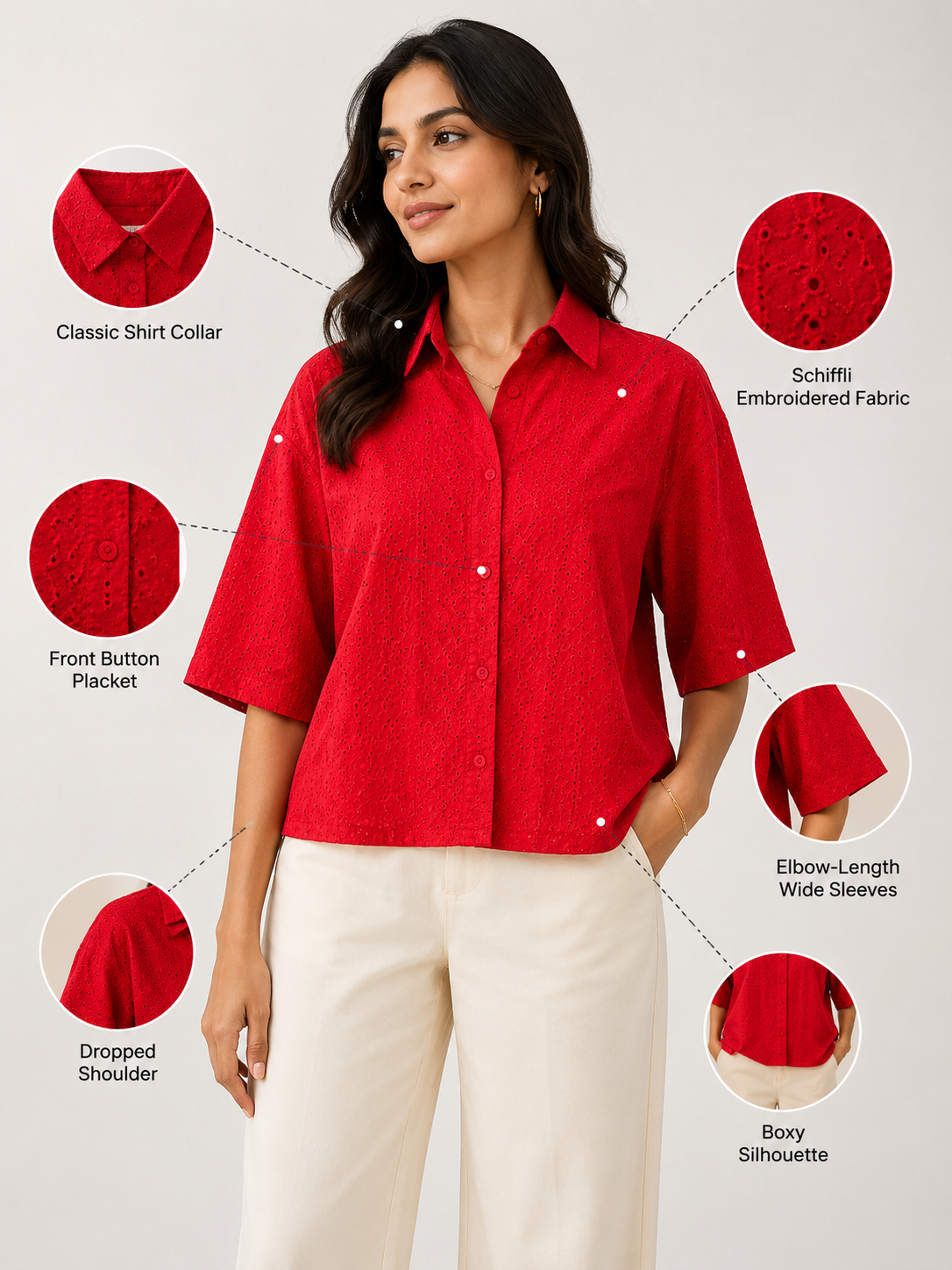 Women Red Shiffli Boxy Shirt