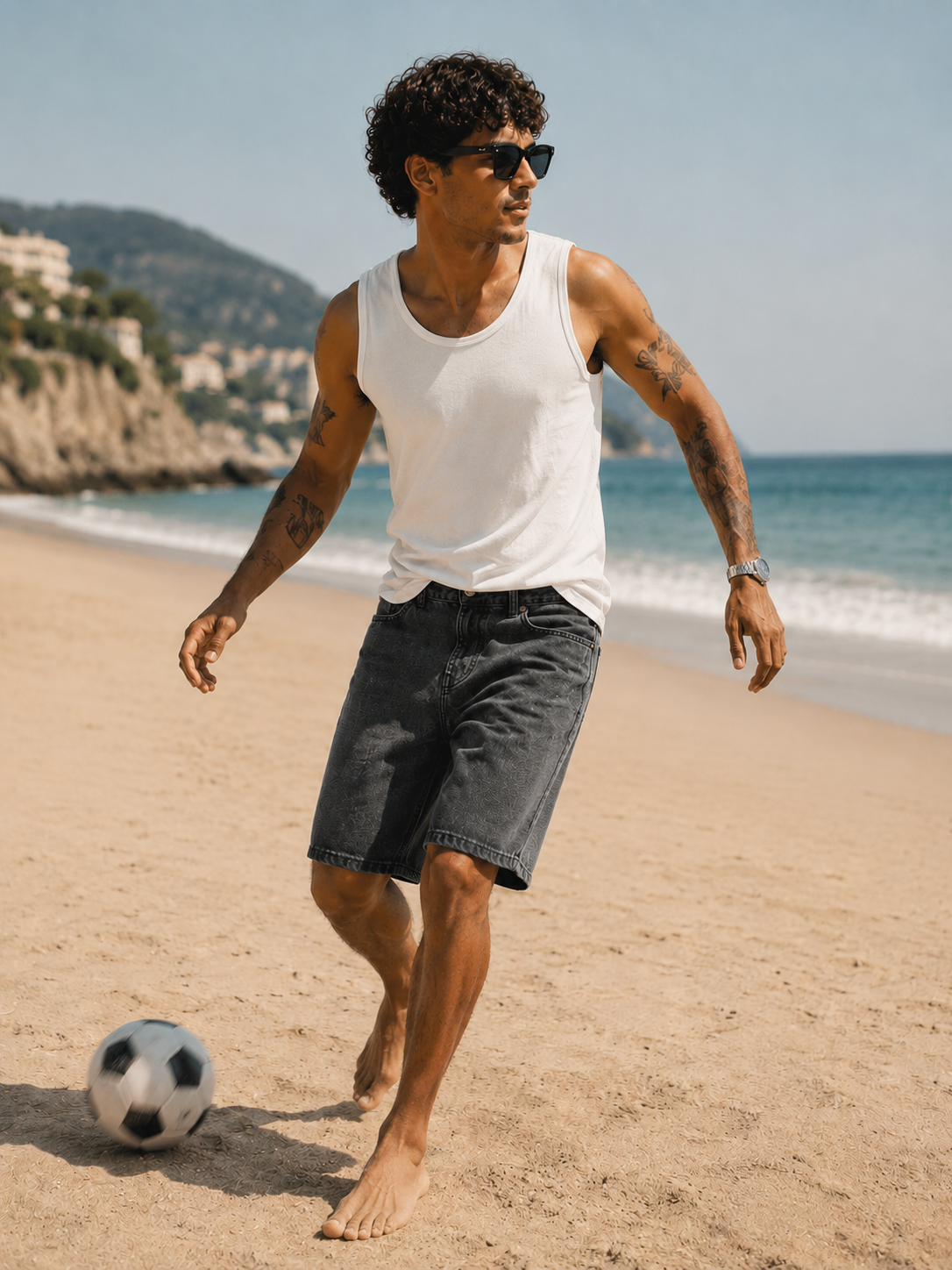 Men Black Washed Denim Shorts