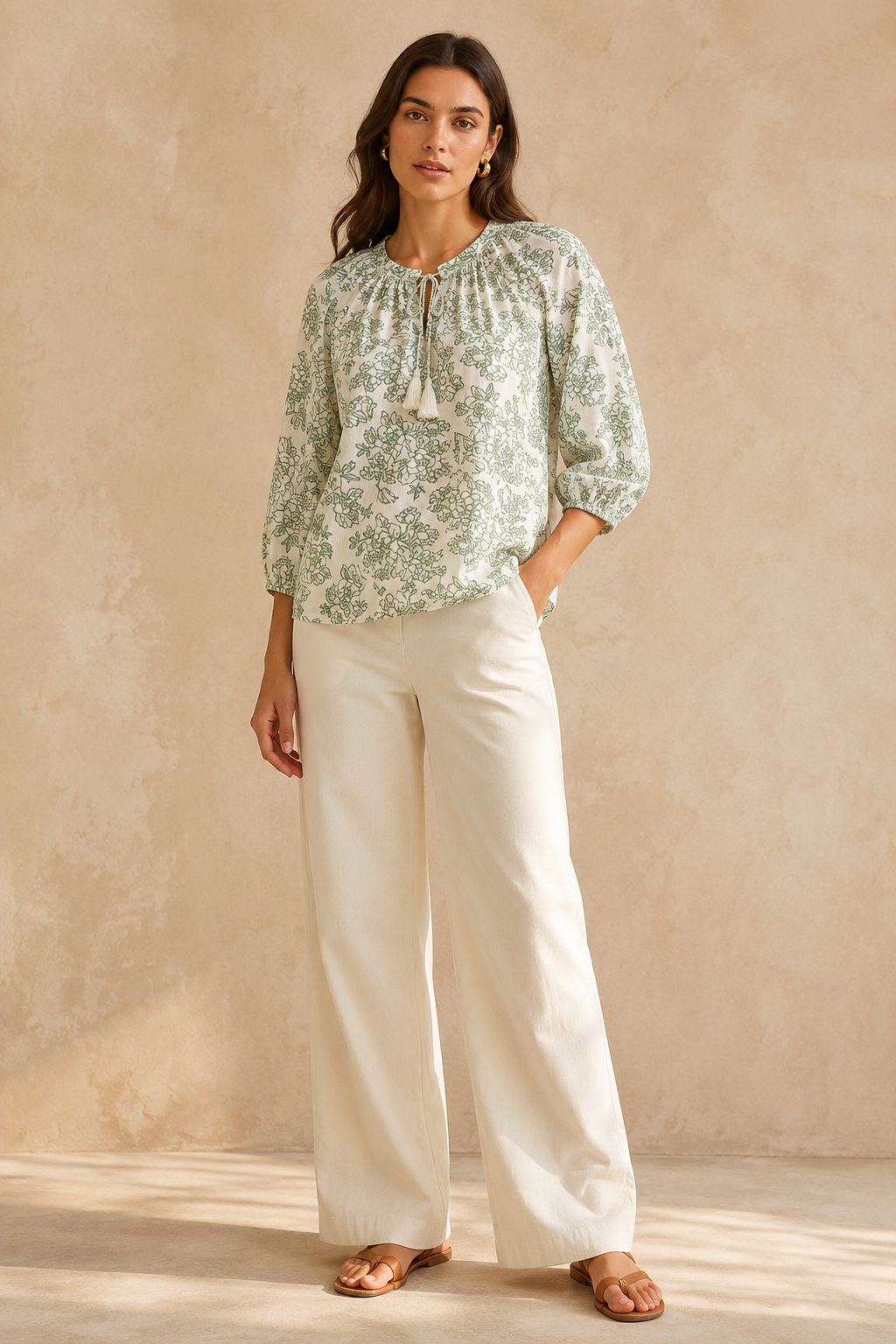 Women Floral Tie-Neck Top In Sage