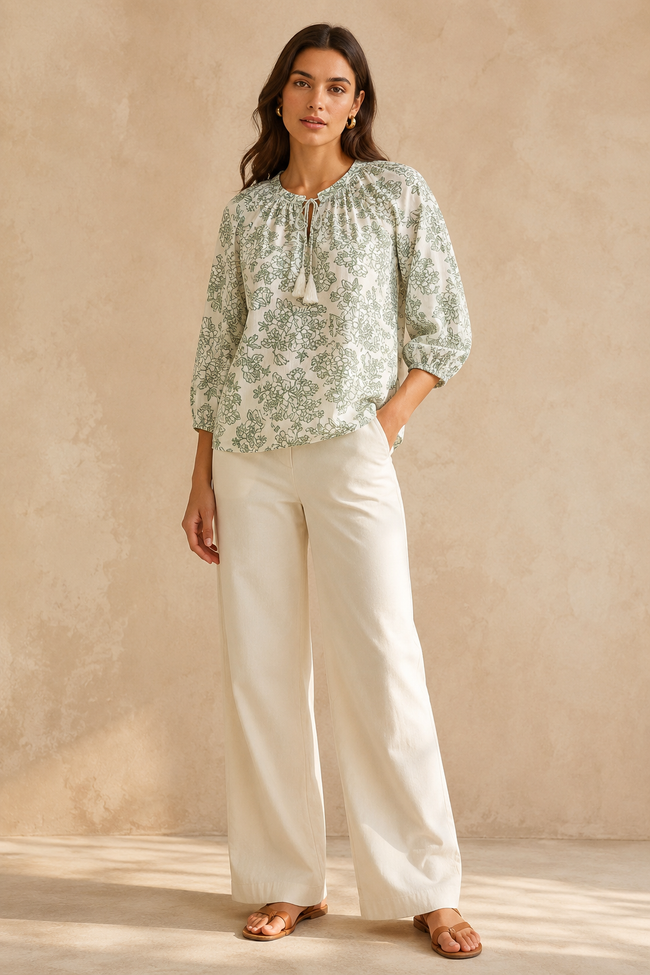 Women Floral Tie-Neck Top In Sage