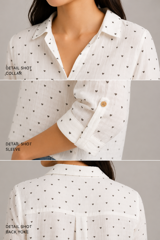 Women White Heart Printed Double Gauze Top