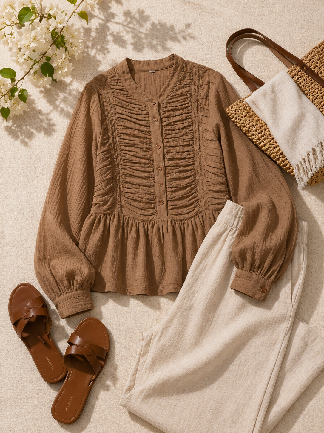 Women Brown Ruffle Front Peplum Top