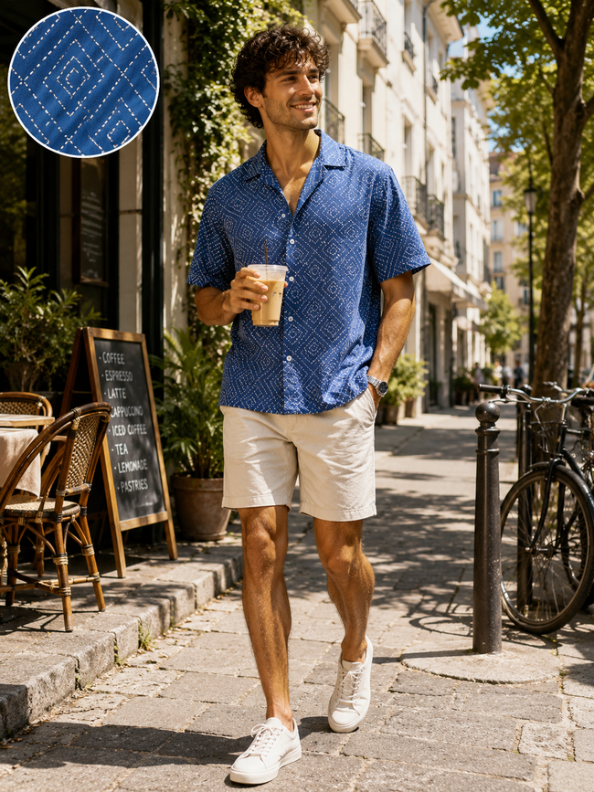 Men Blue Geometric Camp Collar Shirt