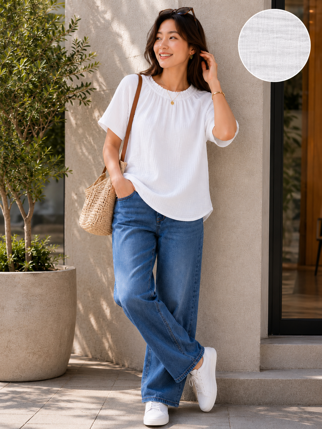 Women White Gathered Neck Top