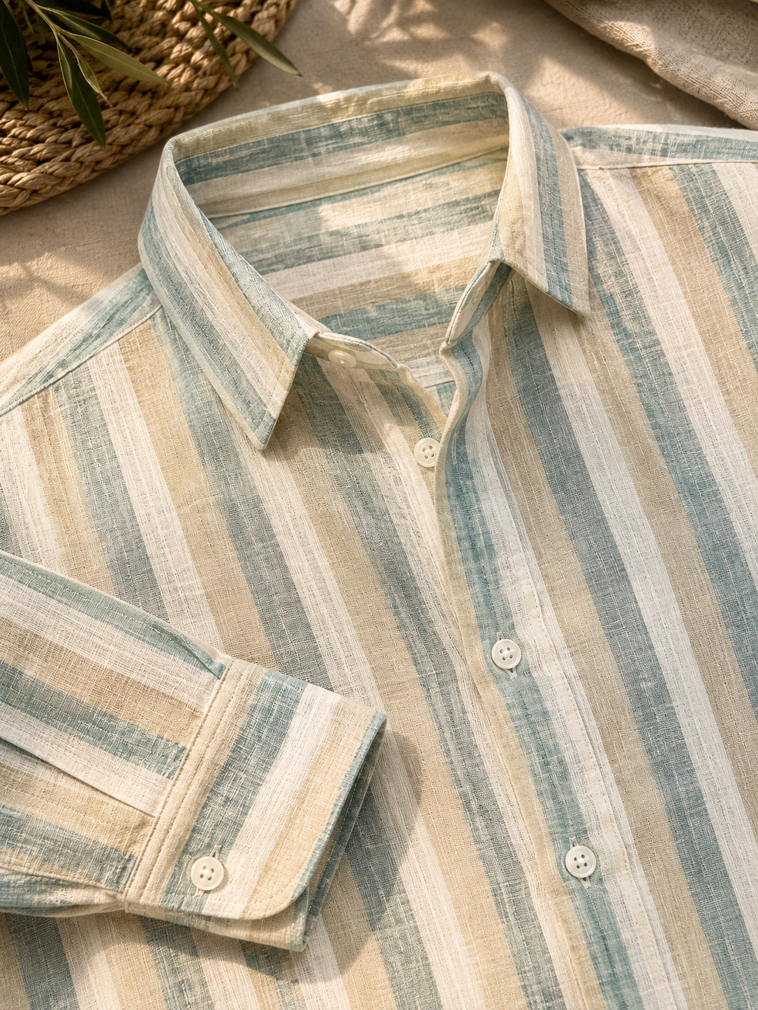 Men Green Vertical Striped Long Sleeve Shirt