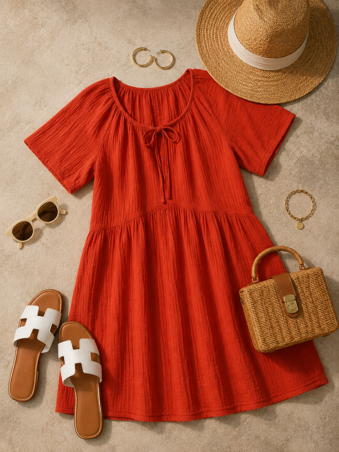 Women Orange Tie-Neck Relaxed Dress