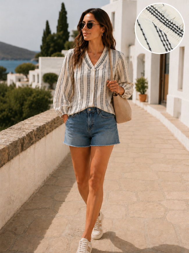 Women Textured Stripe Ruffle Collar Shirt