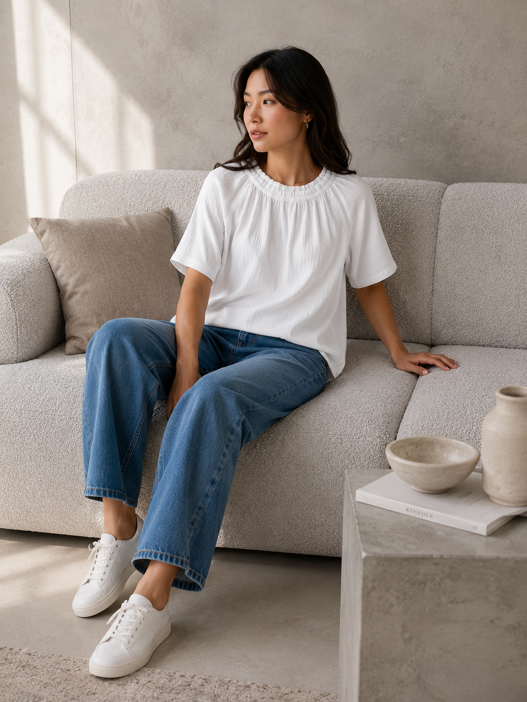 Women White Gathered Neck Top