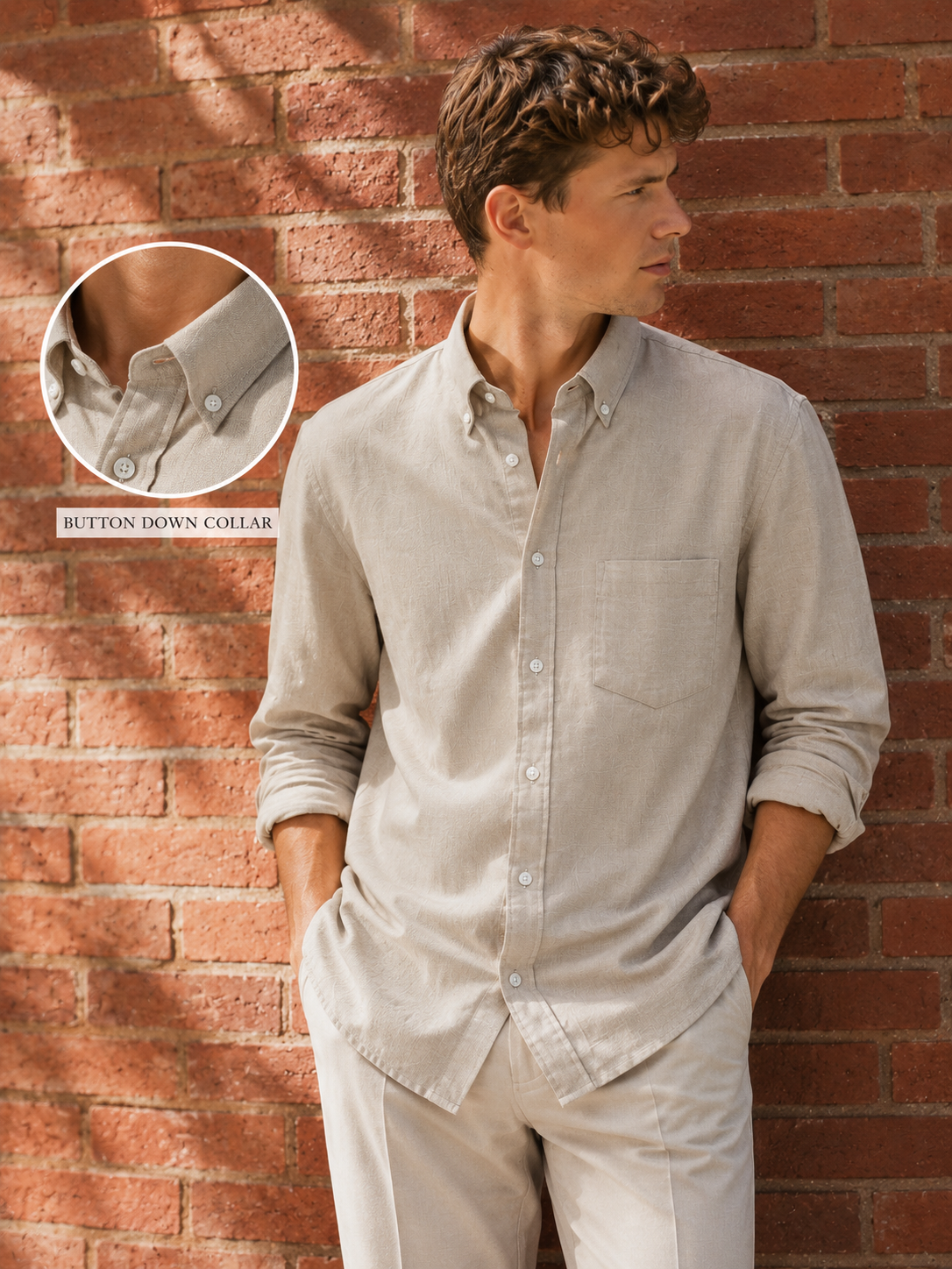 Men Beige Oxford Button Down Shirt