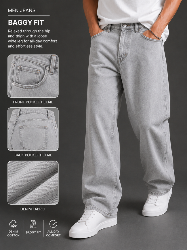Men Light Grey Wide Leg Baggy Jeans