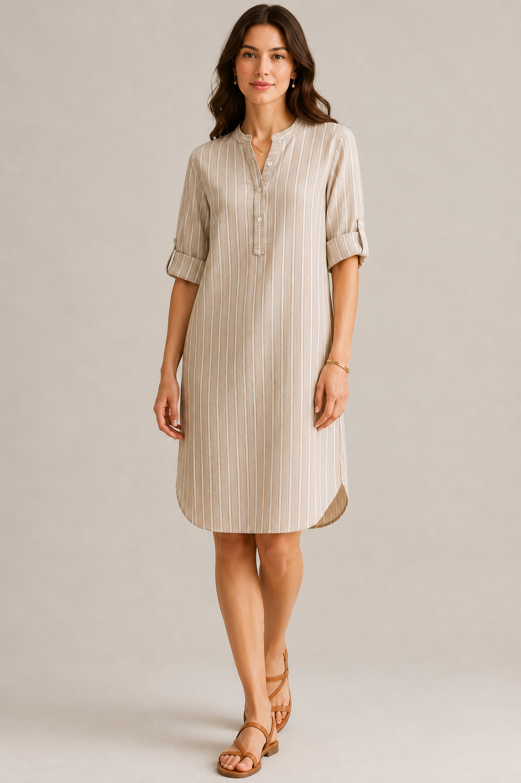 Women Minimal Stripe Shirt Dress In Beige