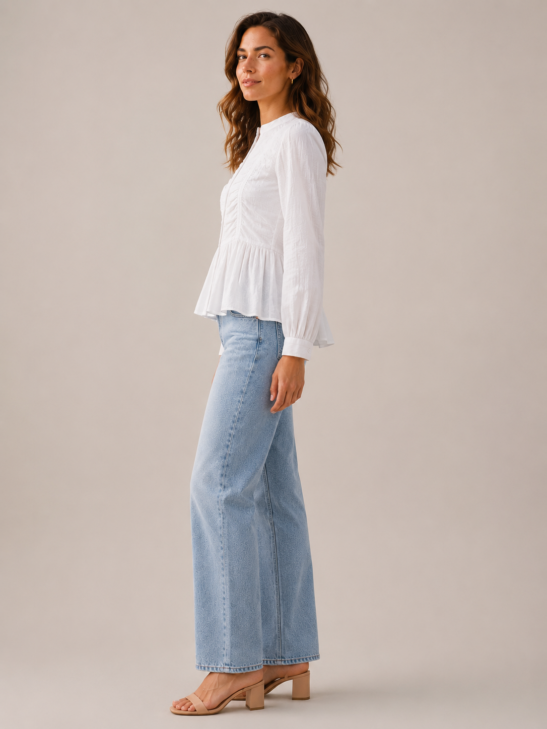 Women White Ruffle Front Peplum Top