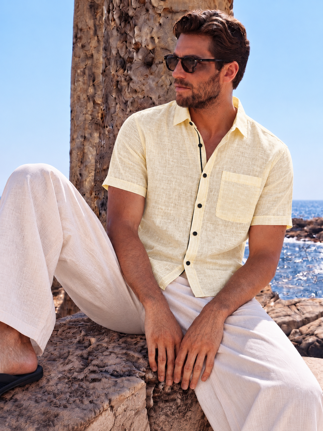 Men Linen Yellow Regular Shirt
