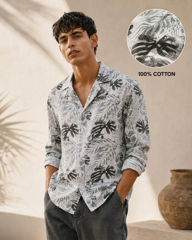 Men Grey Tropical Print Shirt