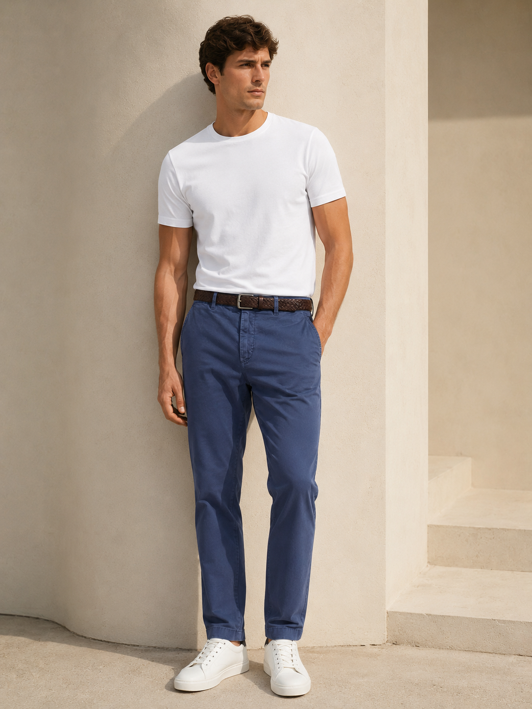 Men Blue Cotton Stretch Chino Trousers