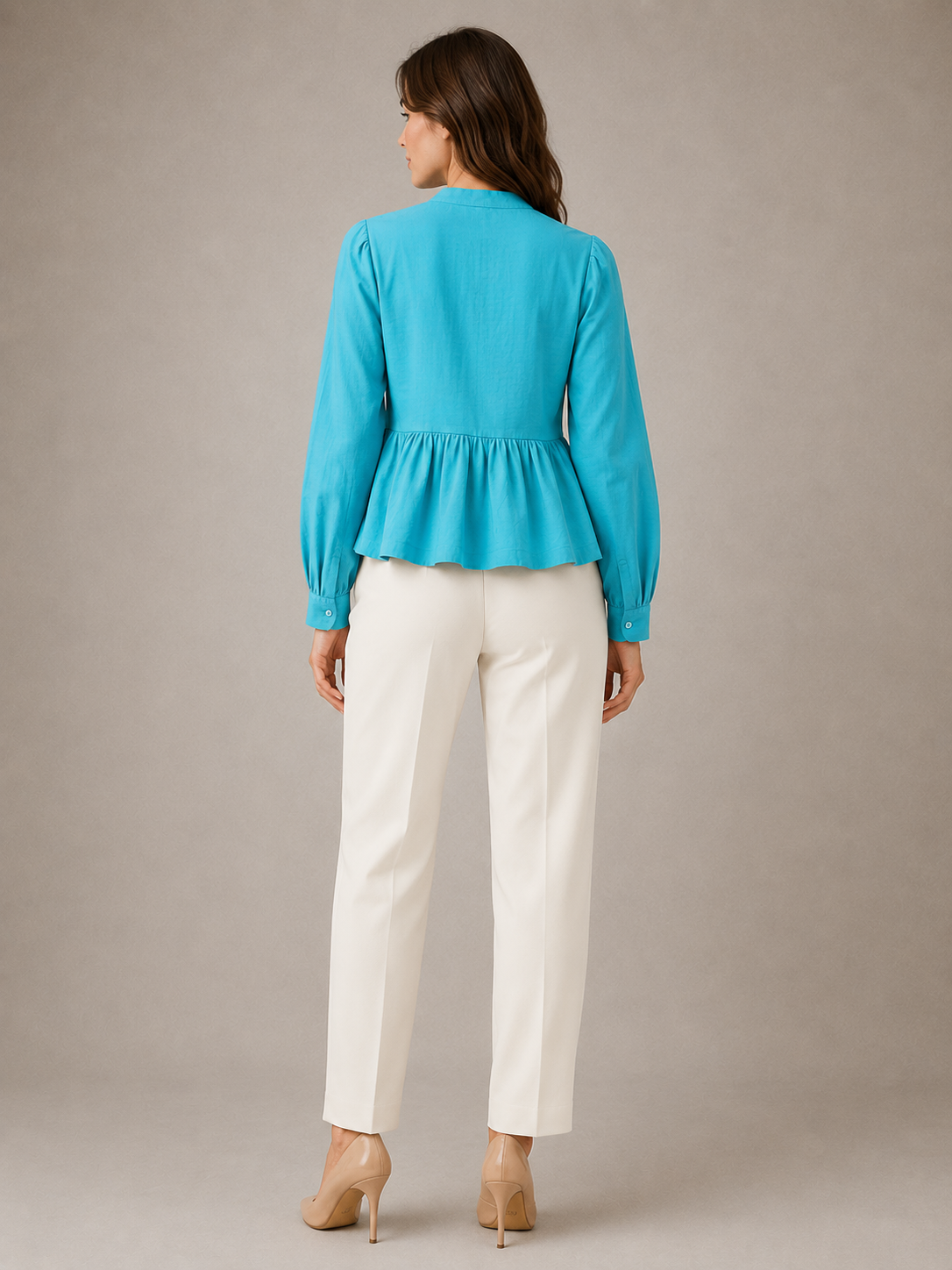 Women Blue Ruffle Front Peplum Top