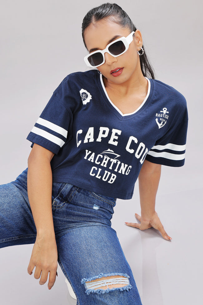Women Printed Blue Cotton Tshirt