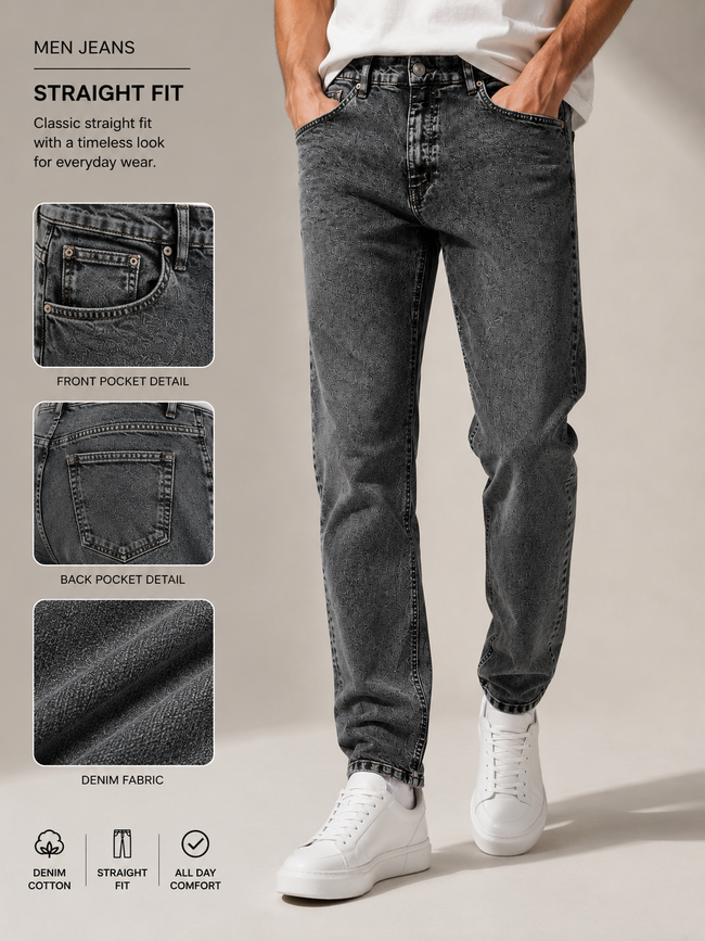 Men Washed Grey Mid Rise Straight Fit Jeans
