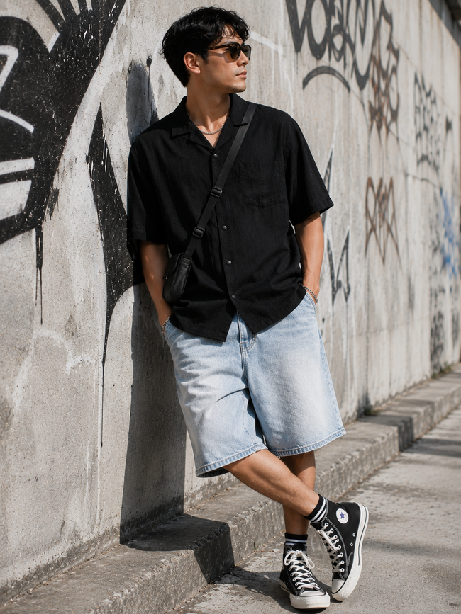 Men Black Textured Camp Collar Shirt